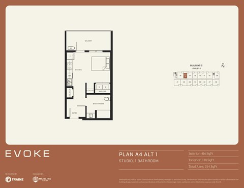 A floor plan for an apartment named EVOKE, which includes a studio and 1 bathroom.